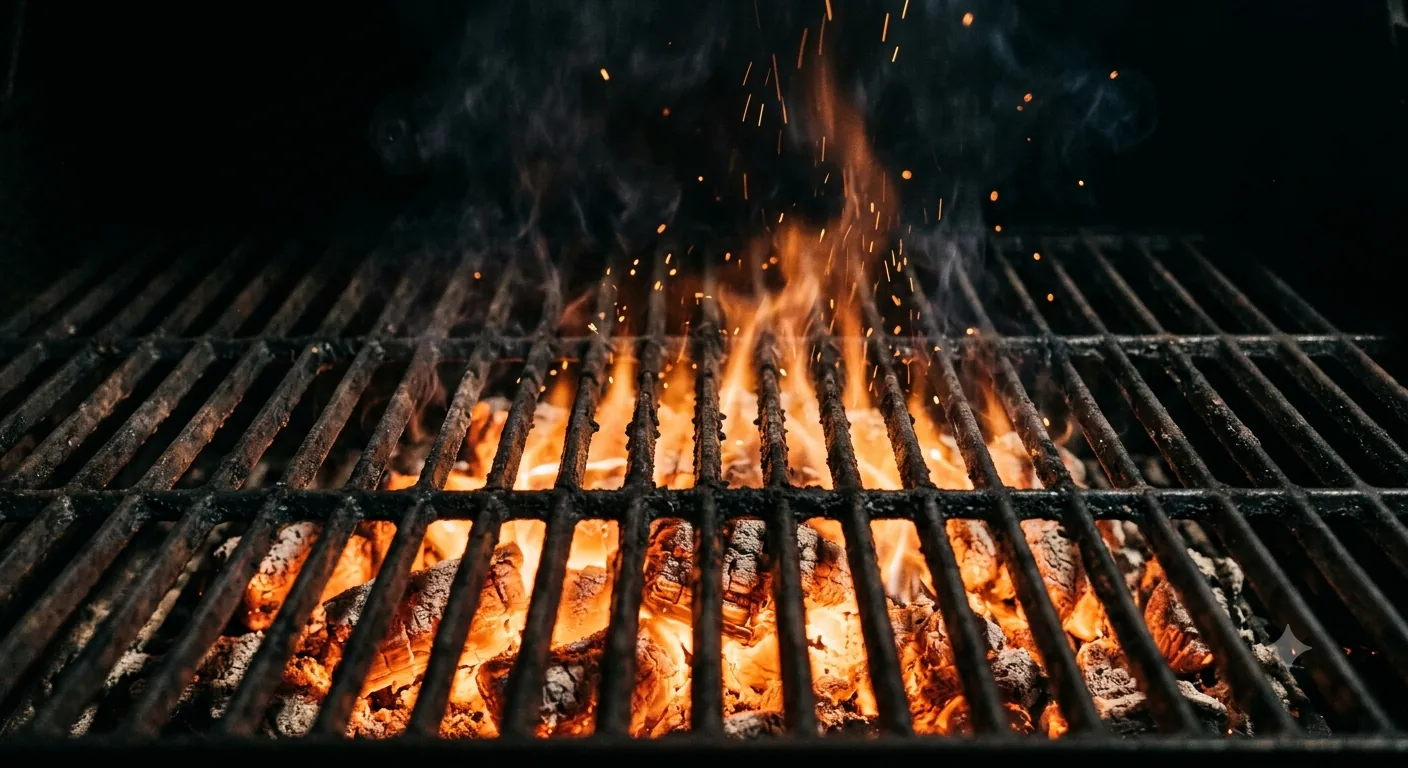 Close-up of bare grill grate bars photographed at night, with orange flames and a bed of glowing coals burning directly underneath them and sparks rising into the dark.