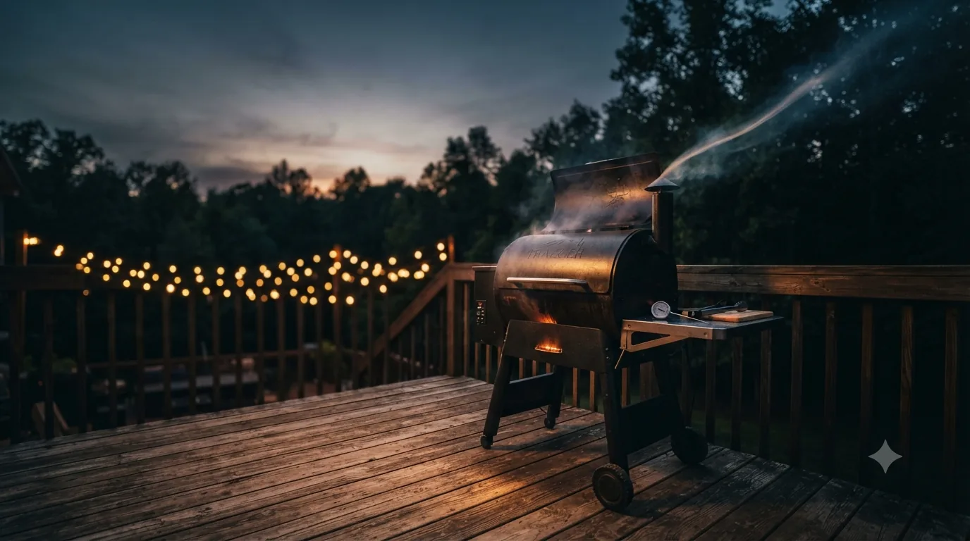 A barrel-bodied pellet grill standing on a wooden backyard deck at dusk, a thin plume of smoke rising from its chimney, with string lights and a dark treeline behind it.