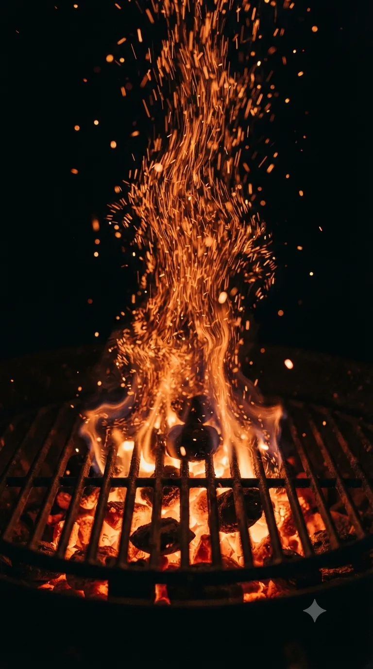 A column of orange sparks rising from a bed of glowing coals into a dark night sky.